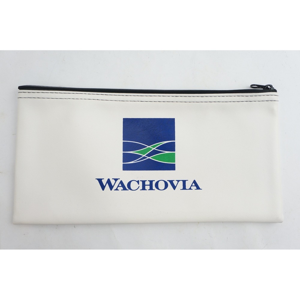 Vintage Wachovia Bank Deposit Bag White Vinyl Zippered Pencil Pouch Excellent